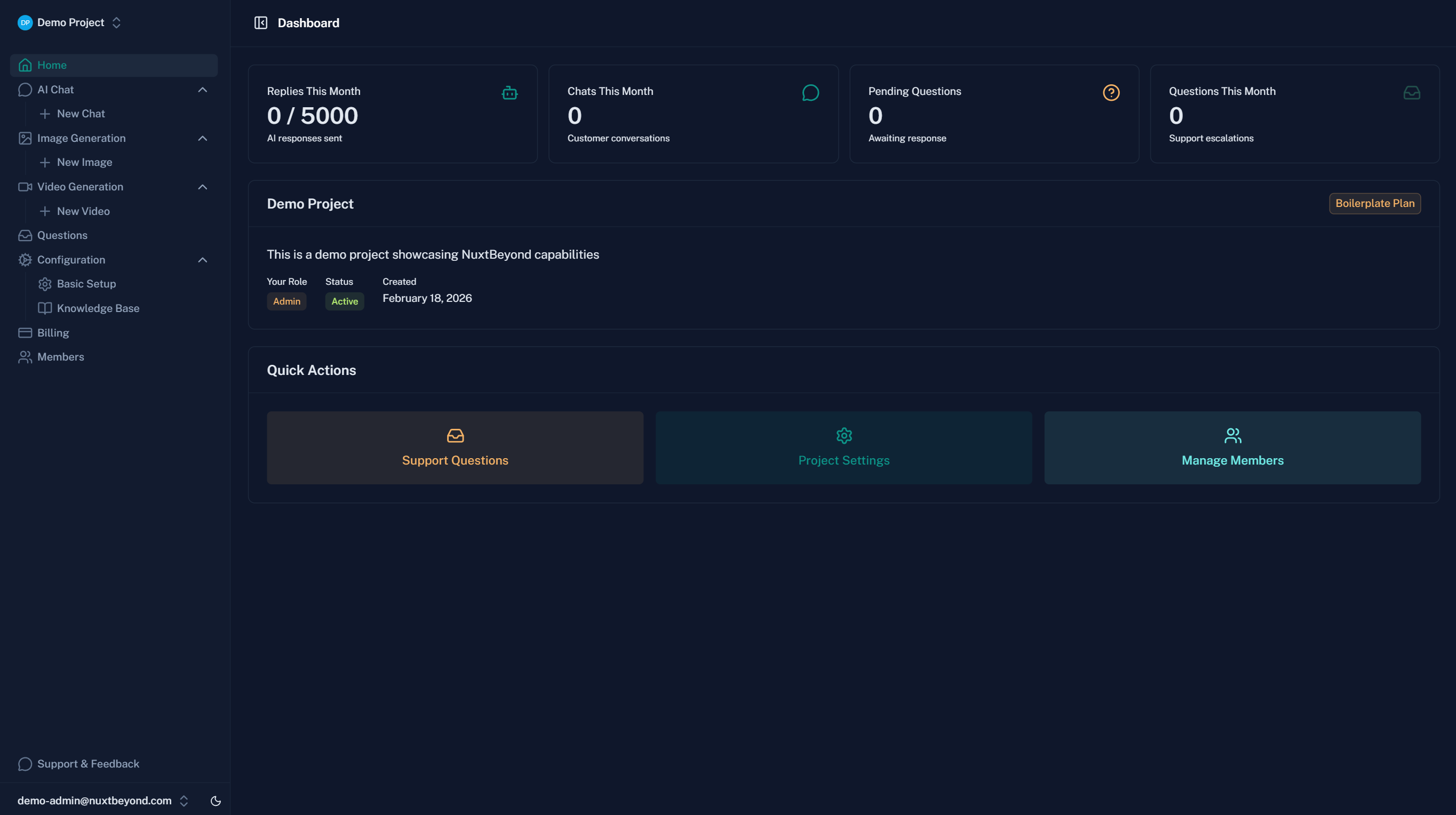 NuxtBeyond dashboard with AI chat, image generation, and project management